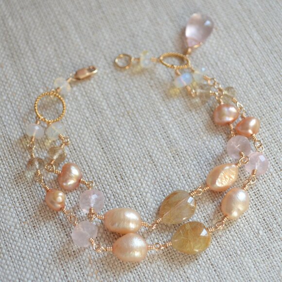 Gold Double Strand Bracelet with Golden Rutilated Quartz Made in Canada - Picture 7 of 9